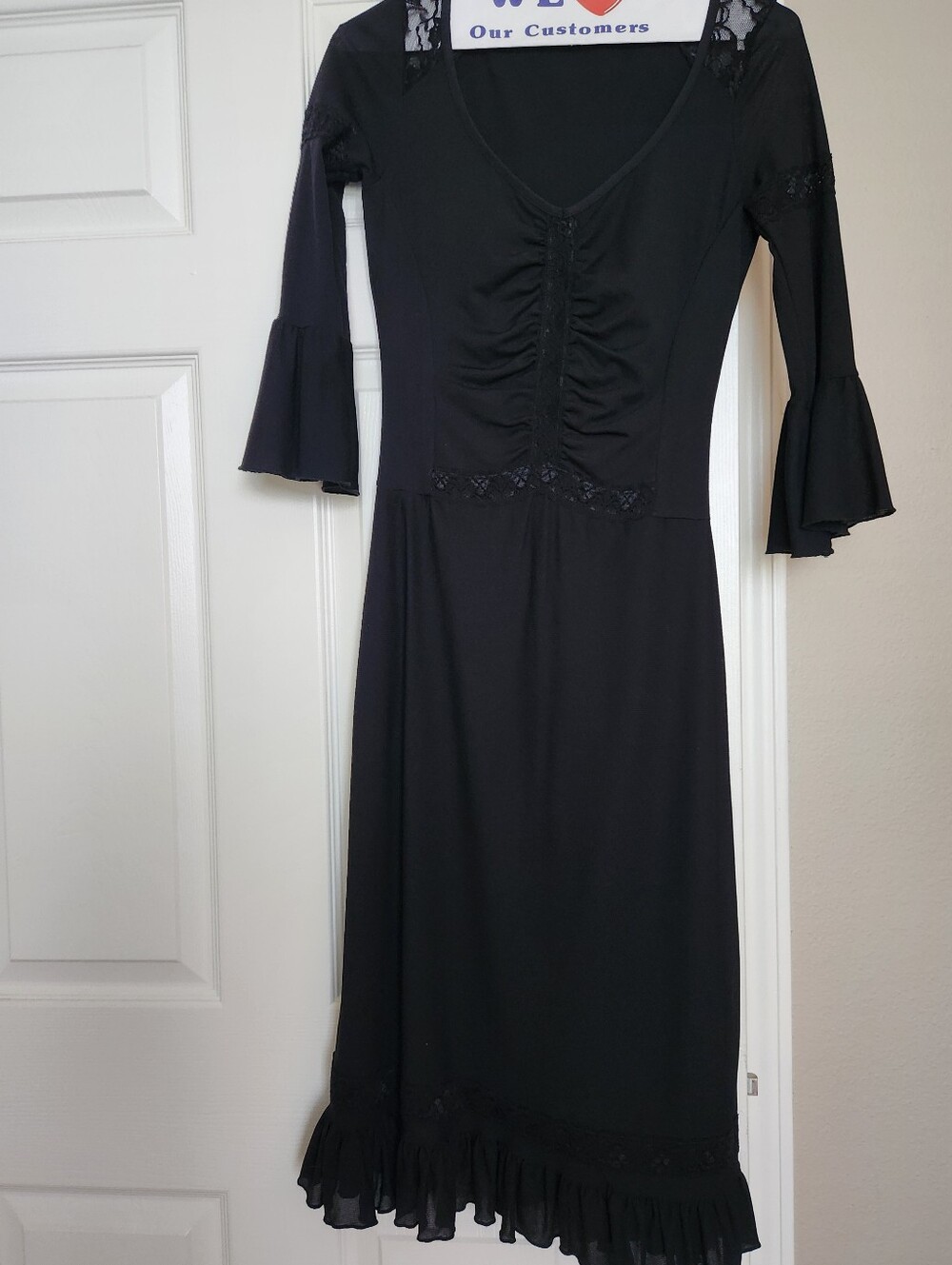 Bisou Bisou Black Ruched Lace-Trim Midi Dress